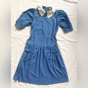 Blue and White Casual Sundress with Puff Sleeves and Peter Pan Collar